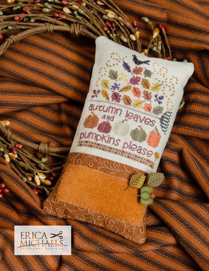 ERICA MICHAELS "Pumpkins Please" Counted Cross Stitch Pattern, Autumn, Thanksgiving, Leaves, Pattern Only