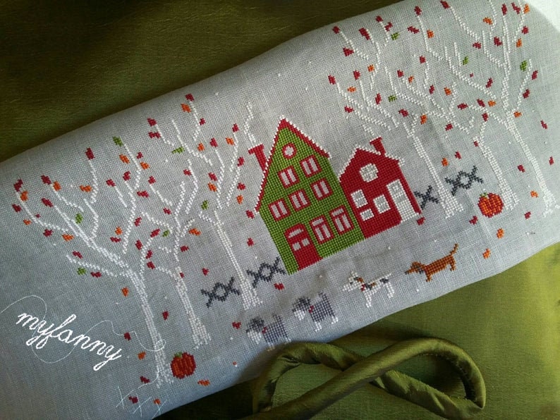 PDF INSTANT DOWNLOAD My Fanny "Our Winter Walk" Counted Cross Stitch Pattern, Autumn, Dogs