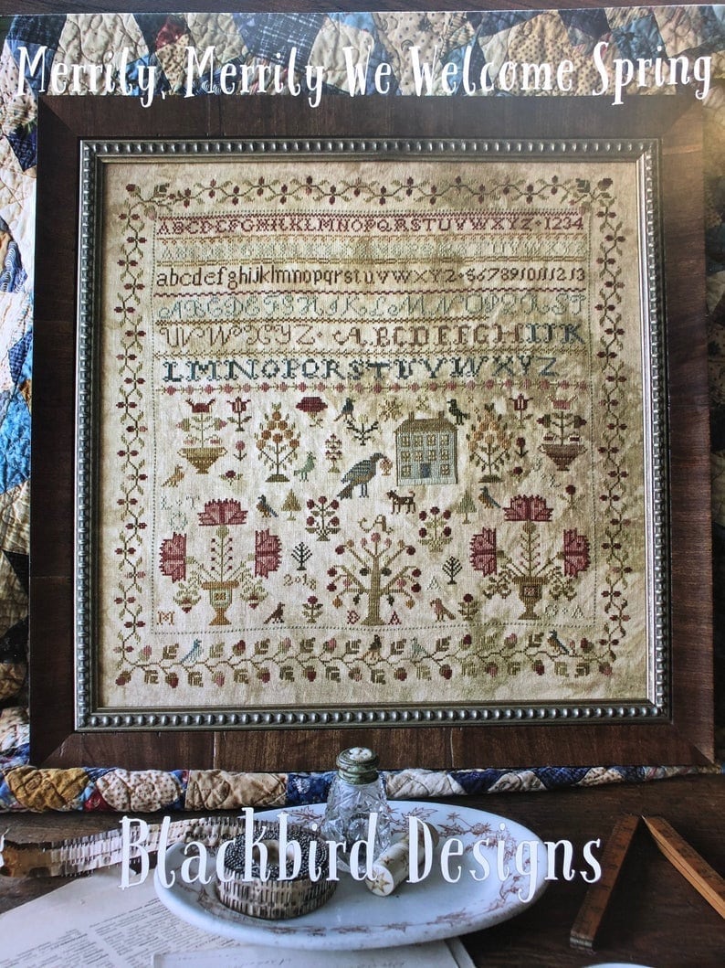 BLACKBIRD DESIGNS "Merrily, Merrily We Welcome Spring" Cross Stitch Pattern, Leaflet,  Sampler, Pattern Only