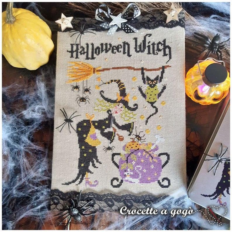 CROCETTE A GOGO "Halloween Witch"  Counted Cross Stitch Pattern  Halloween, Autumn, Fall, Black Cat, Paper Pattern
