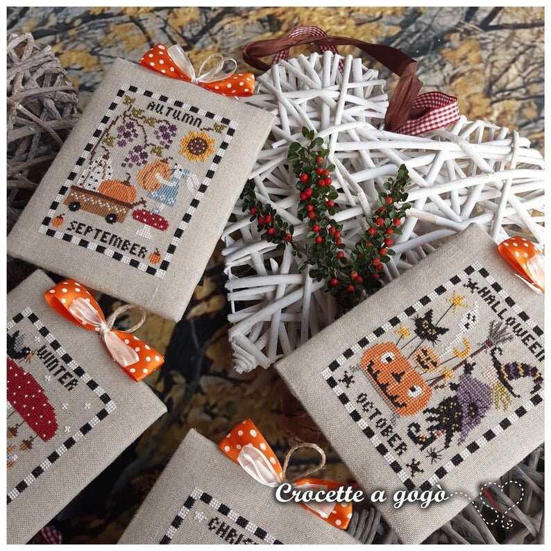 Crocette A Gogo   "Calendar - Part 3  Counted Cross Stitch Pattern  4 Cross Stitch Patterns, Autumn, Halloween, Winter, Christmas