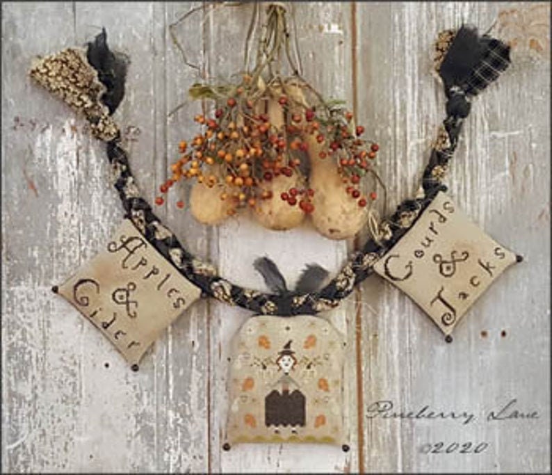 PINEBERRY LANE "Autumn Blessings"  Primitive Cross Stitch Pattern  A Festive Fall Garden, Halloween, Witch, Pattern Only