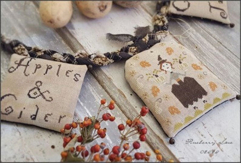 PINEBERRY LANE "Autumn Blessings"  Primitive Cross Stitch Pattern  A Festive Fall Garden, Halloween, Witch, Pattern Only