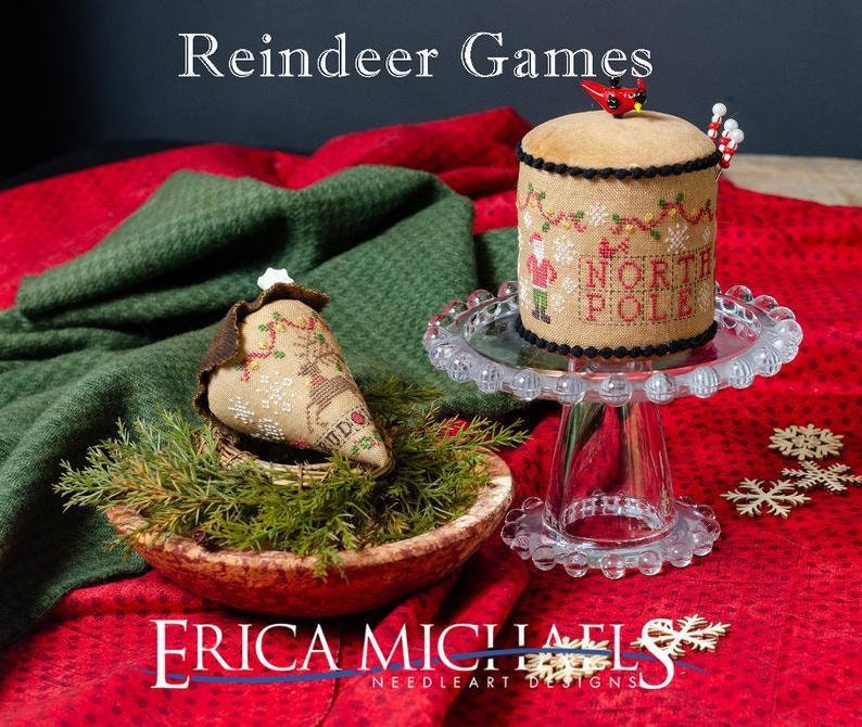 ERICA MICHAELS "Reindeer Games" Counted Cross Stitch Pattern, Winter, Santa, Board Game, North Pole, Reindeer, Pattern Only