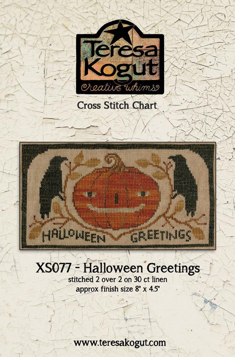 TERESA KOGUT "Halloween Greetings"  Cross Stitch Pattern  Halloween, Pumpkin, Fall, Crows, Primitive, Paper Pattern