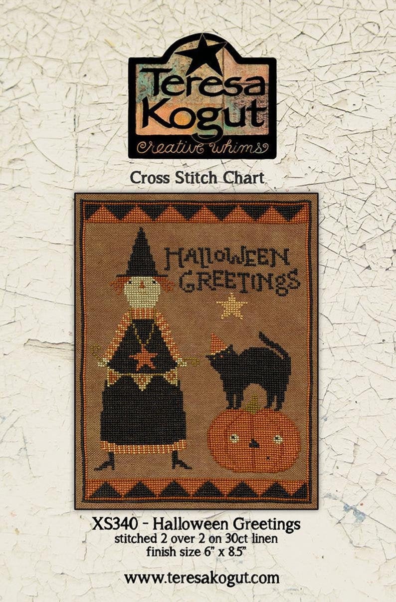 TERESA KOGUT "Halloween Greetings"  Cross Stitch Pattern  Halloween, Pumpkin, Witch, Black Cat, Fall, XS340, Paper Pattern