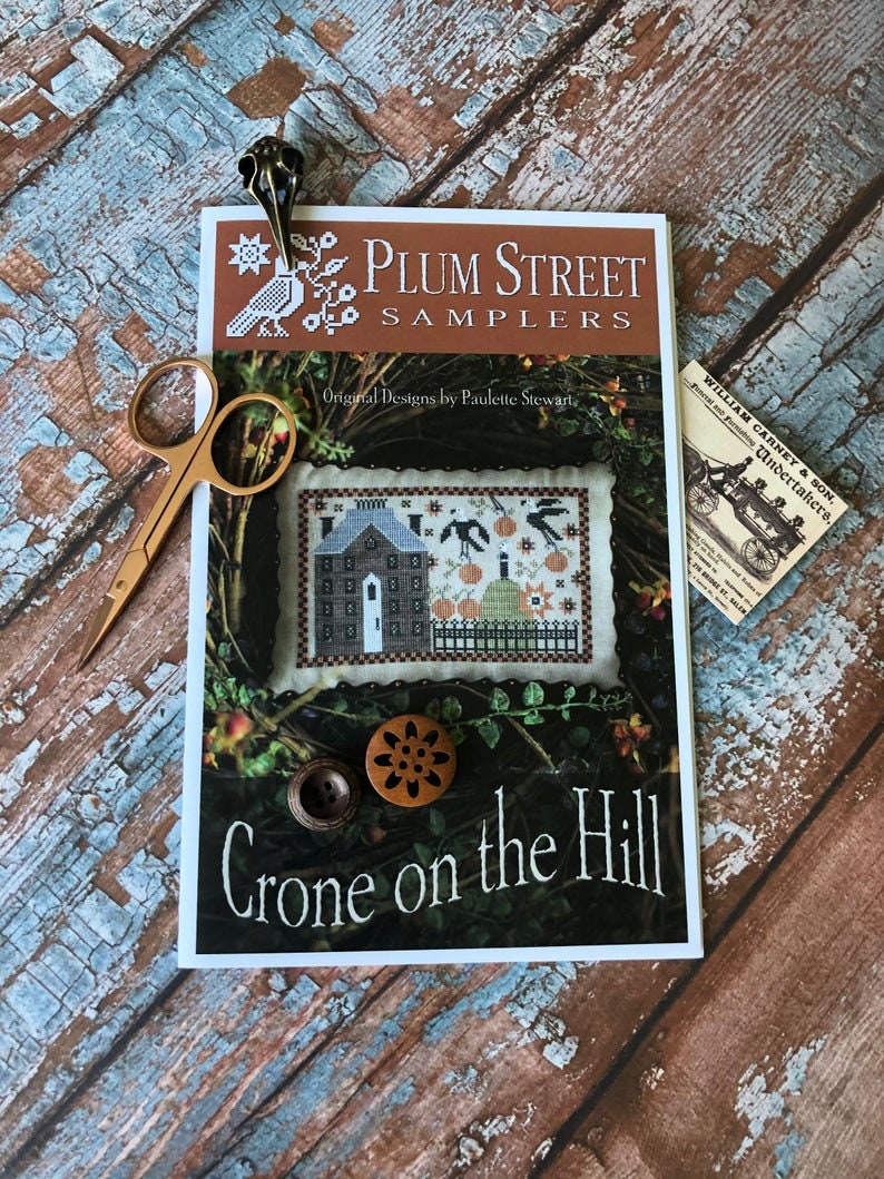 PLUM STREET SAMPLERS "Crone On The Hill"  Counted Cross Stitch Pattern  Autumn,, Fall, Pumpkins, Paper Pattern