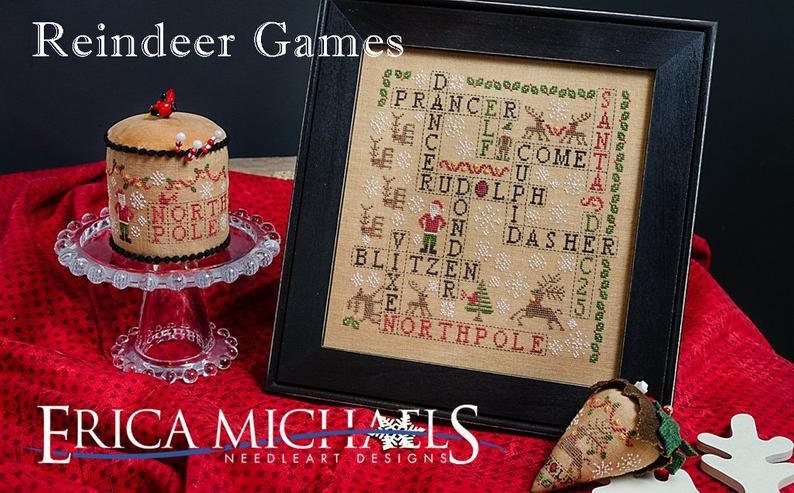 ERICA MICHAELS "Reindeer Games" Counted Cross Stitch Pattern, Winter, Santa, Board Game, North Pole, Reindeer, Pattern Only