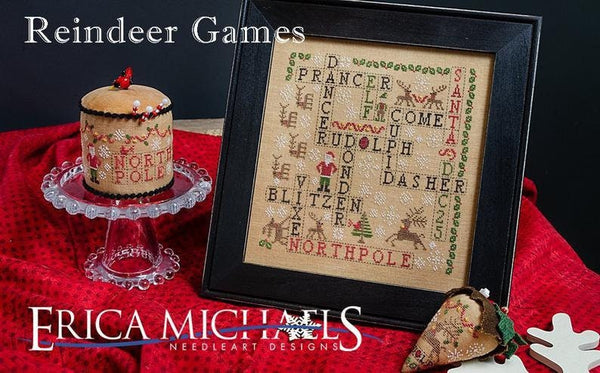 ERICA MICHAELS "Reindeer Games" Counted Cross Stitch Pattern, Winter, Santa, Board Game, North Pole, Reindeer, Pattern Only