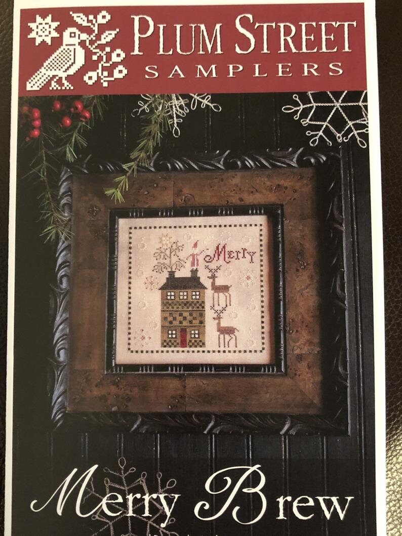 PLUM STREET SAMPLERS "Merry Brew"  Counted Cross Stitch Pattern  Santa, Winter, Christmas, Reindeer, Paper Pattern