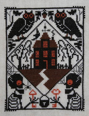 PRAIRIE SCHOOLER "Whoo's There?"  Counted Cross Stitch Pattern  Halloween, Autumn, Owls, Haunted House, Card Size, Pattern Only