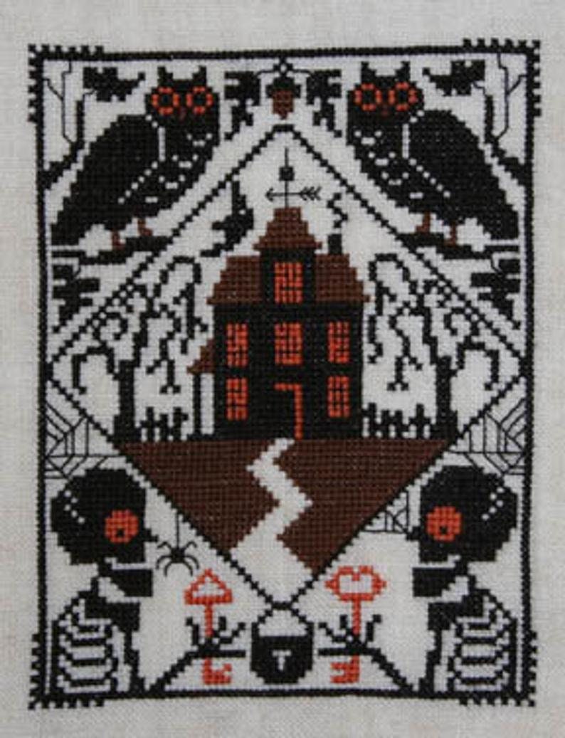 PRAIRIE SCHOOLER "Whoo's There?"  Counted Cross Stitch Pattern  Halloween, Autumn, Owls, Haunted House, Card Size, Pattern Only