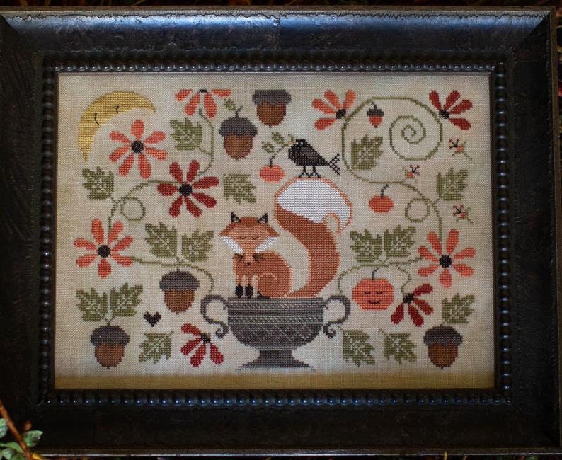 PLUM STREET SAMPLERS "Rest A Wile" Counted Cross Stitch Pattern/Chart, Fox, Autumn, Pumpkin, Garden, Acorns, Urn Pattern Only