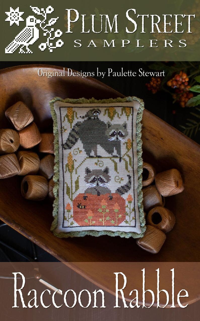 PLUM STREET SAMPLERS "Raccoon Rabble"  Counted Cross Stitch Pattern  Pumpkin, Fall, Autumn, Racoon Family, Paper Pattern