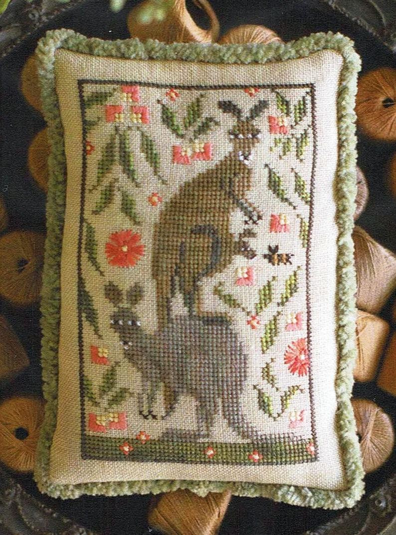 PLUM STREET SAMPLERS "Roo Crew"  Counted Cross Stitch Pattern  Kangaroos, Flower, Adorable, Paper Pattern