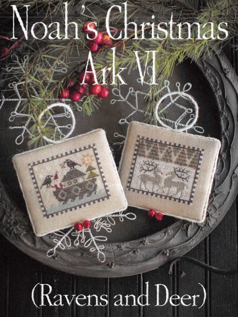 PLUM STREET SAMPLERs "Noah's Christmas Ark VI"  (Ravens and Deer) Counted Cross Stitch Pattern  , Series, Christmas Decor, Paper Pattern