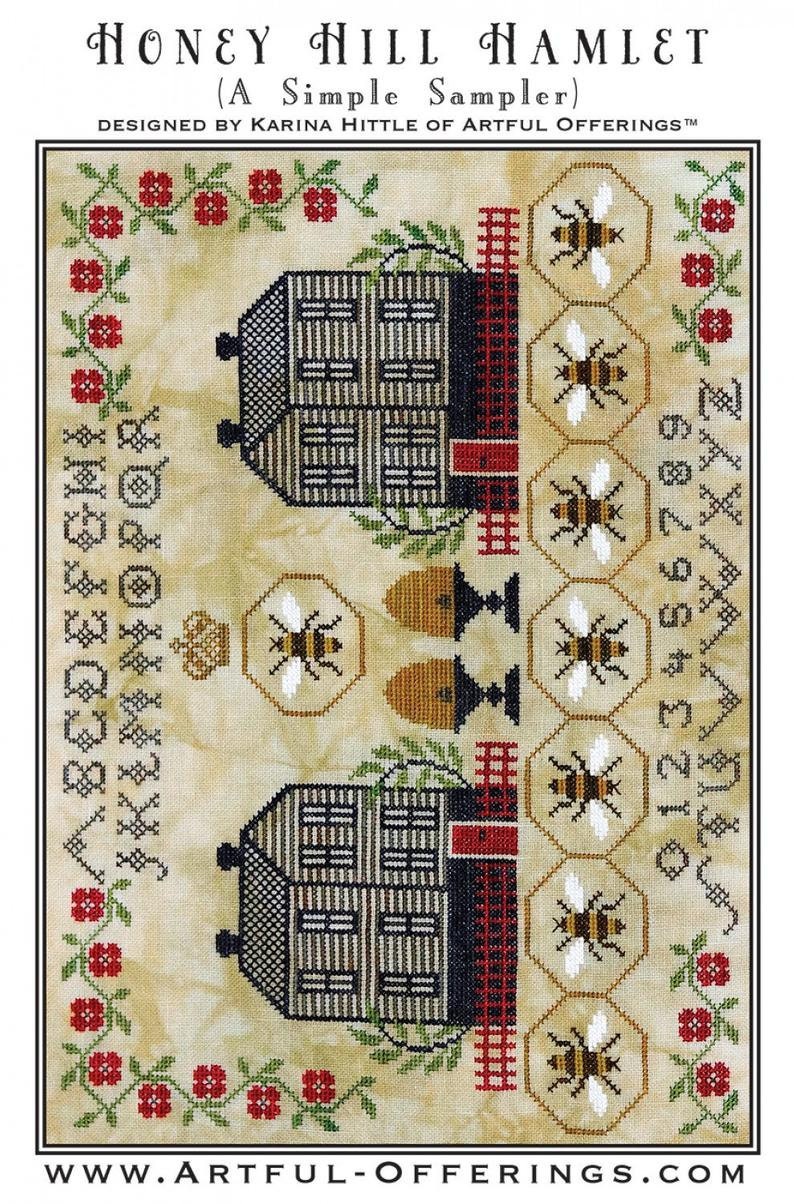 ARTFUL OFFERINGS "Honey Hill Hamlet (A Simple Sampler)" Counted Cross Stitch Pattern, Queen Bee, Bee Skep, Clapboard Houses, Pattern Only