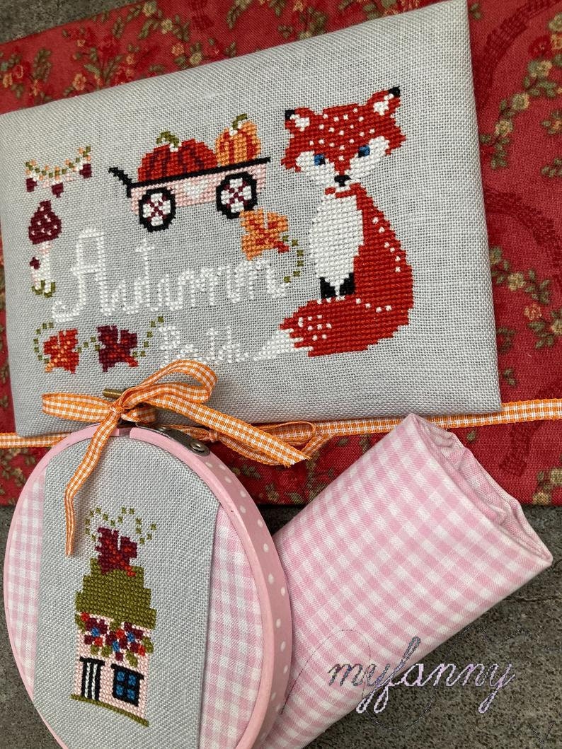 INSTANT PDF DOWNLOAD My Fanny  "Autumn Path" Counted Cross Stitch Pattern, Fall, Autumn, Red Fox, Pumpkin Wagon, Pattern Only