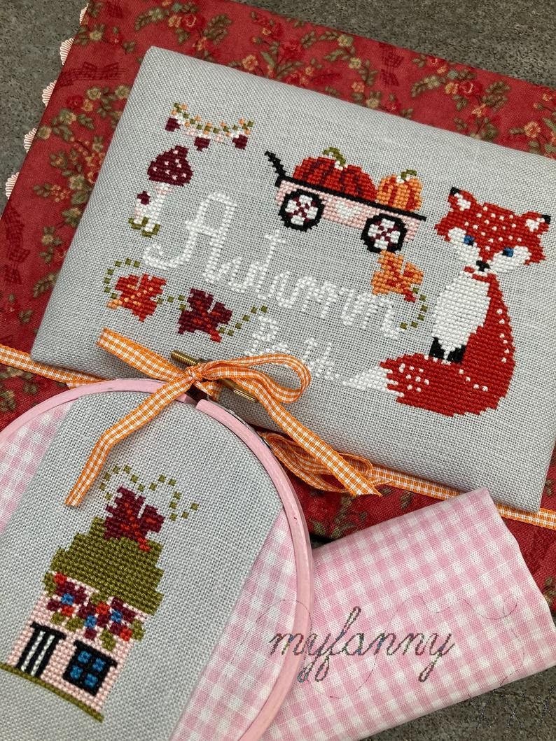 INSTANT PDF DOWNLOAD My Fanny  "Autumn Path" Counted Cross Stitch Pattern, Fall, Autumn, Red Fox, Pumpkin Wagon, Pattern Only