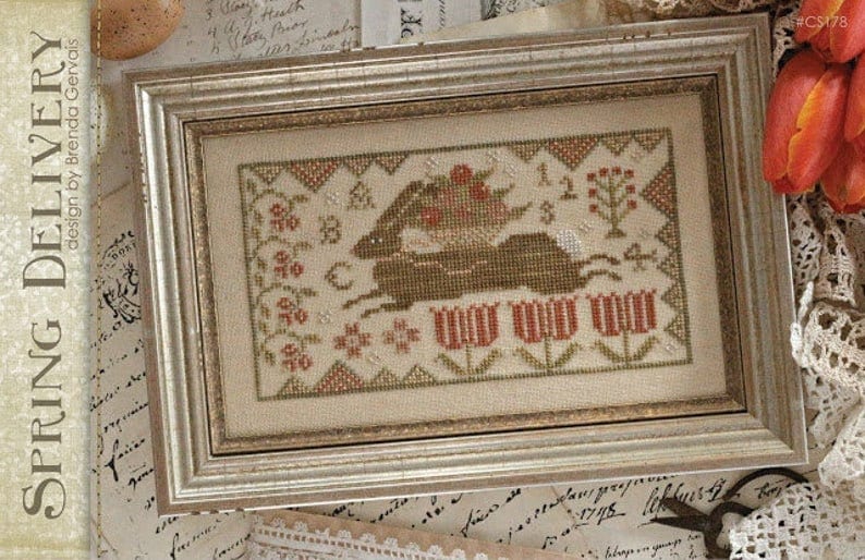 SALE! With Thy Needle & Thread "Spring Delivery" counted cross stitch pattern, Bunny, Cottontail, Easter, Garden, Tulips, Pattern Only