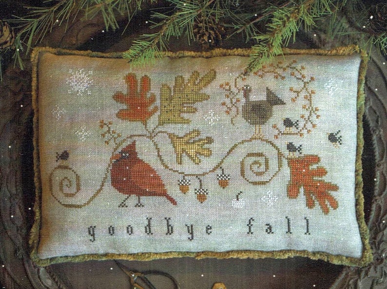 PLUM STREET SAMPLERS "Goodbye Fall"  Counted Cross Stitch Pattern  Cardinal, Turkey, Black Birds, Acorns, Pumpkin, Series, Paper Pattern