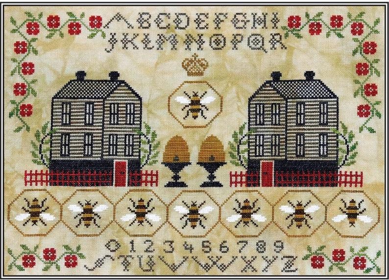 ARTFUL OFFERINGS "Honey Hill Hamlet (A Simple Sampler)" Counted Cross Stitch Pattern, Queen Bee, Bee Skep, Clapboard Houses, Pattern Only