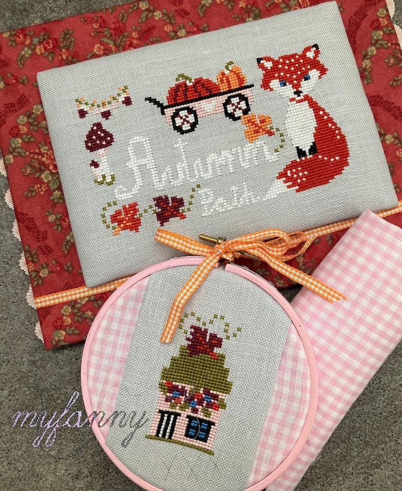 INSTANT PDF DOWNLOAD My Fanny  "Autumn Path" Counted Cross Stitch Pattern, Fall, Autumn, Red Fox, Pumpkin Wagon, Pattern Only