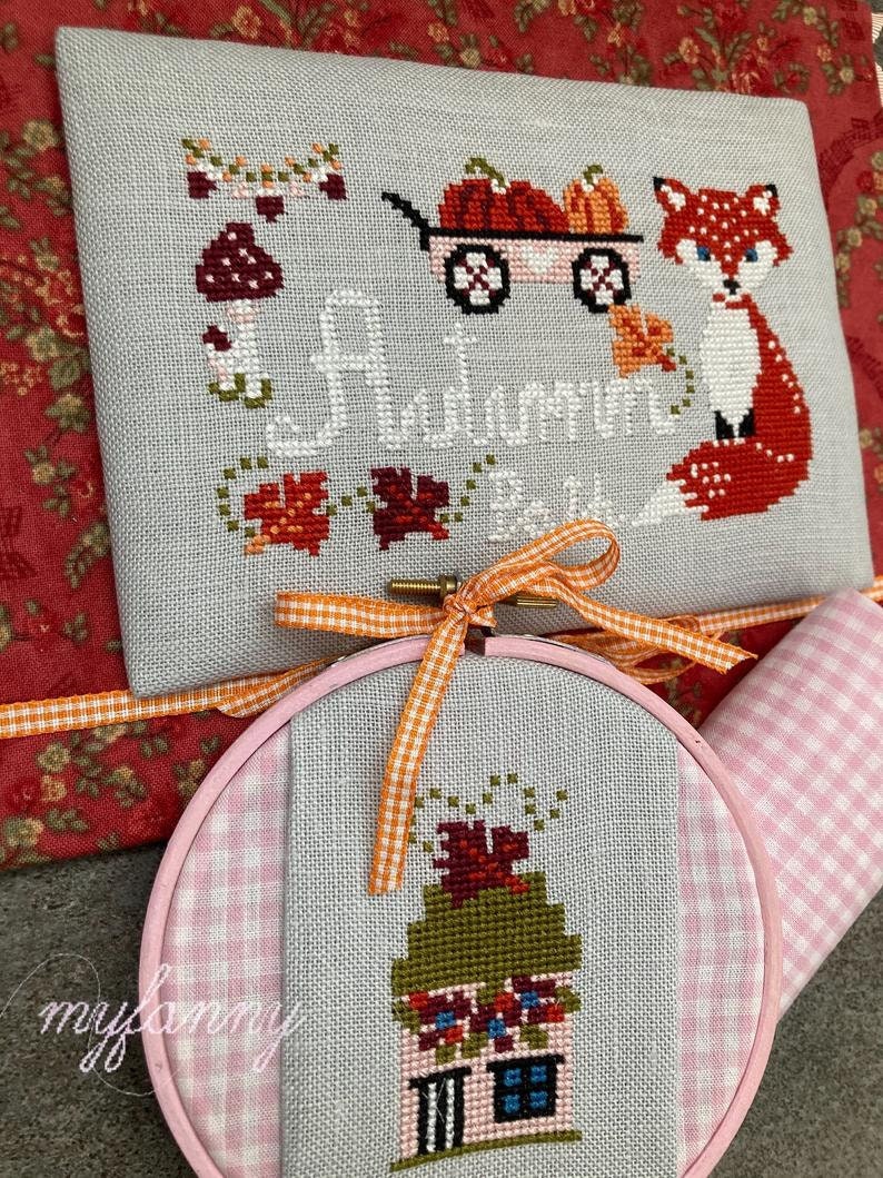 INSTANT PDF DOWNLOAD My Fanny  "Autumn Path" Counted Cross Stitch Pattern, Fall, Autumn, Red Fox, Pumpkin Wagon, Pattern Only