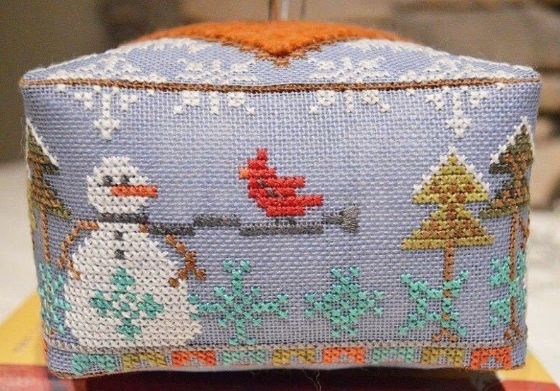HANDS ON DESIGN "Block Party - Snow" Counted Cross Stitch Pattern & Wool (Includes Handcrafted Pin Set Too!), Winter, Snowmen, Snowflakes