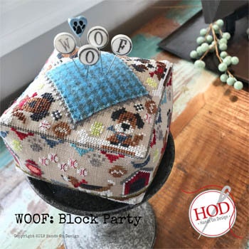 HANDS ON DESIGN "Block Party - Woof" Counted Cross Stitch Pattern & Wool (Includes Handcrafted Pin Set Too!), Dogs, Dog Bone, Paw Print