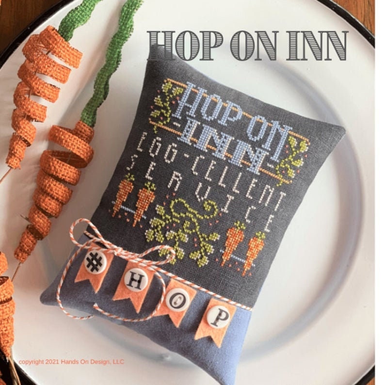 HANDS ON DESIGN "Hop On Inn" Counted Cross Stich Pattern, Egg-Cellent Service, East, Spring Carrots, Pattern Only