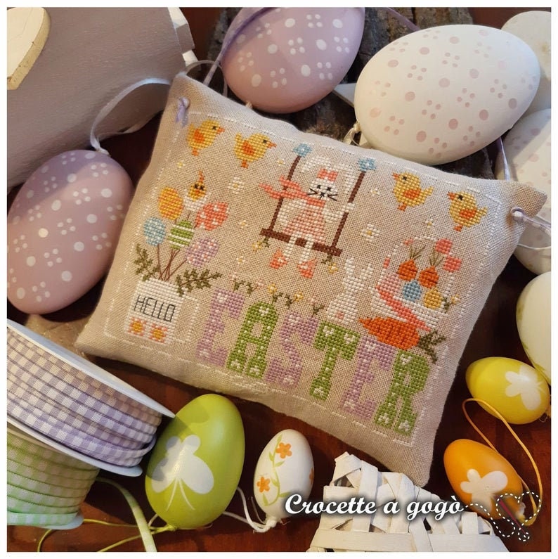 CROCETTE A GOGO "Hello Easter"  Counted Cross Stitch Pattern  Easter, Easter Eggs, Rabbit, Bunnies, Italy, Paper Pattern