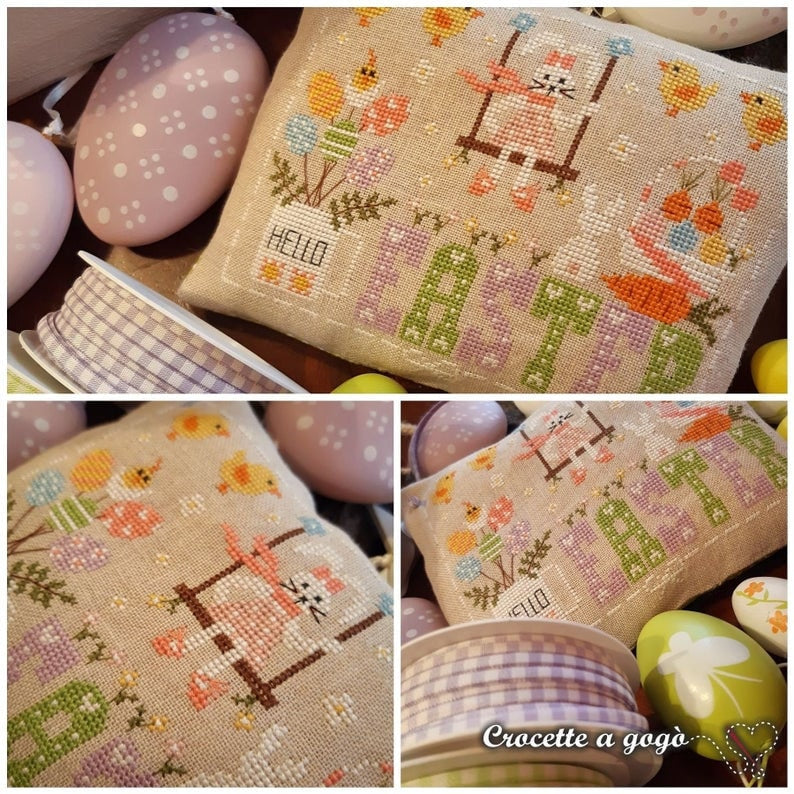 CROCETTE A GOGO "Hello Easter"  Counted Cross Stitch Pattern  Easter, Easter Eggs, Rabbit, Bunnies, Italy, Paper Pattern
