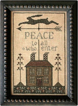 LA~D~DA "Peace House"  Counted Cross Stitch Pattern  Hare, Bunny, Rabbit, Primitive, Peace To All Who Enter, Paper Pattern