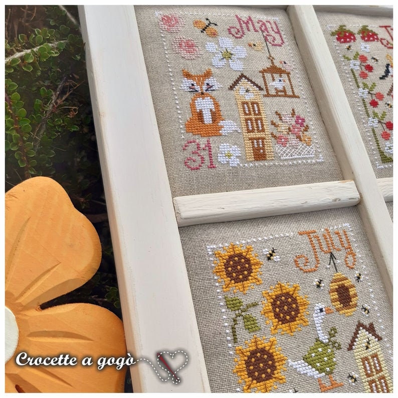 CROCETTE A GOGO "The Time Window - Part 2"  Counted Cross Stitch Pattern  May, June, July, August, Calendar, Italy, Paper Pattern