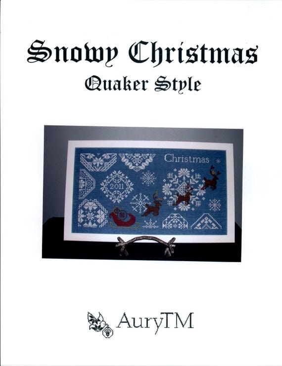 AuryTM "Snowy Christmas - Quaker Style" Counted Cross Stitch Pattern, Winter, Reindeer, Santa Sleigh, Pattern Only