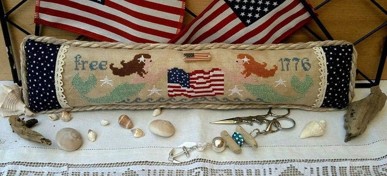 ROVARIS "Patriotic Mermaid" Counted Cross Stitch Pattern (Includes , American Flag Charm Too!), Hearts, Arrow, Paper Pattern