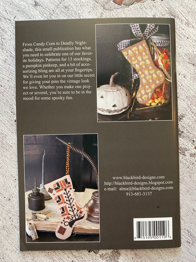 BLACKBIRD DESIGNS "Tis Hallowe'en" (13 Stockings and projects to Stitch) Halloween, Trick or Treat, Spooky, Patterns Only