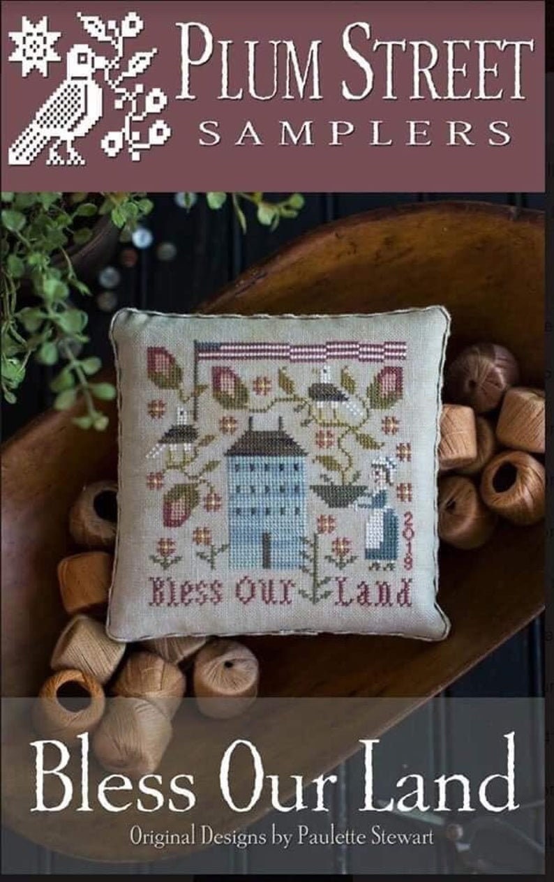 PLUM STREET SAMPLERS "Bless Our Land"  Counted Cross Stitch Pattern  Summer, Betsy Ross, Bald Eagles, American Flag, Pattern Only