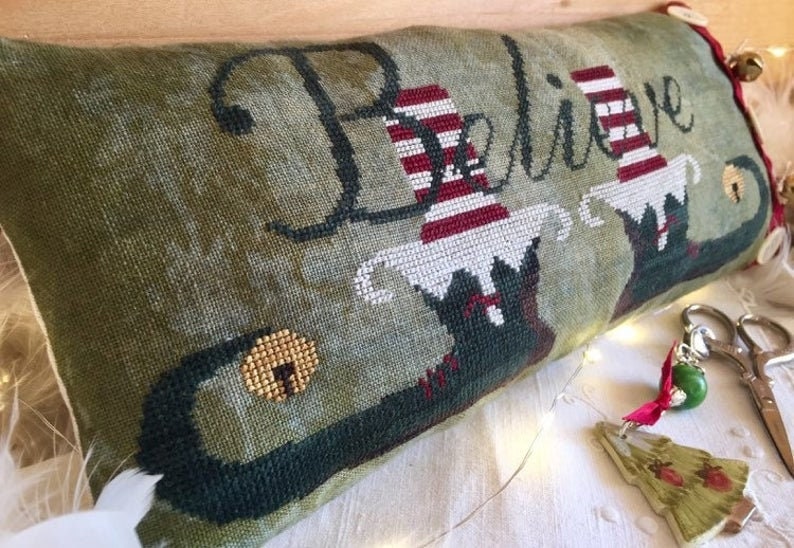 ROVARIS "Believe" Counted Cross Stitch Pattern plus Gold BELL is Included, Elf Shoes, Christmas, Winter, Believe
