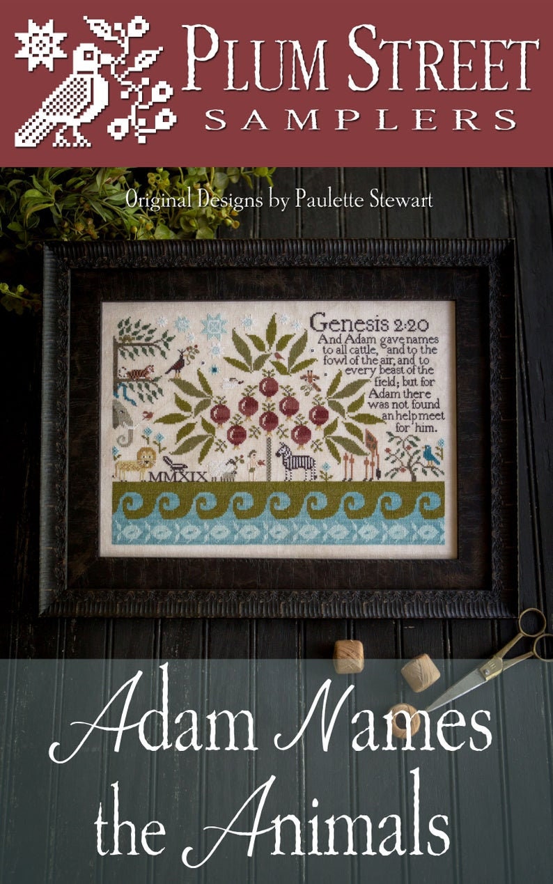 PLUM STREET SAMPLERS "Adam Names the Animals"  Counted Cross Stitch Pattern  Sheep, Cardinal, Snowflakes, Series, Paper Pattern