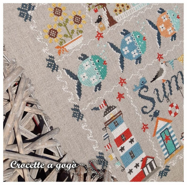 CROCETTE A GOGO "Summer Time" Counted Cross Stitch Pattern, Summer Mermaid, Crab, Seahorse, Sea Gulls, Fish, Kingsland Needle Art