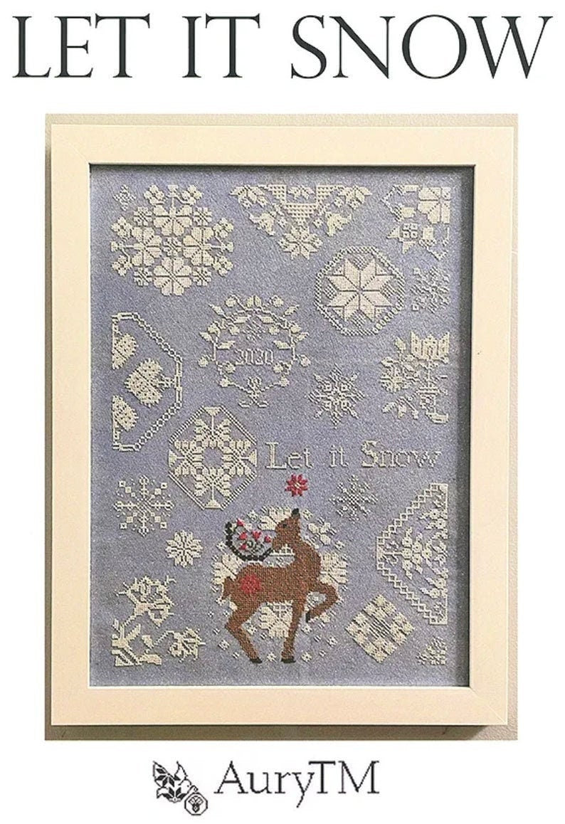 AuryTM "Let it Snow" Counted Cross Stitch Pattern, Reindeer, Winter, Snowflakes, Quaker, Pattern Only