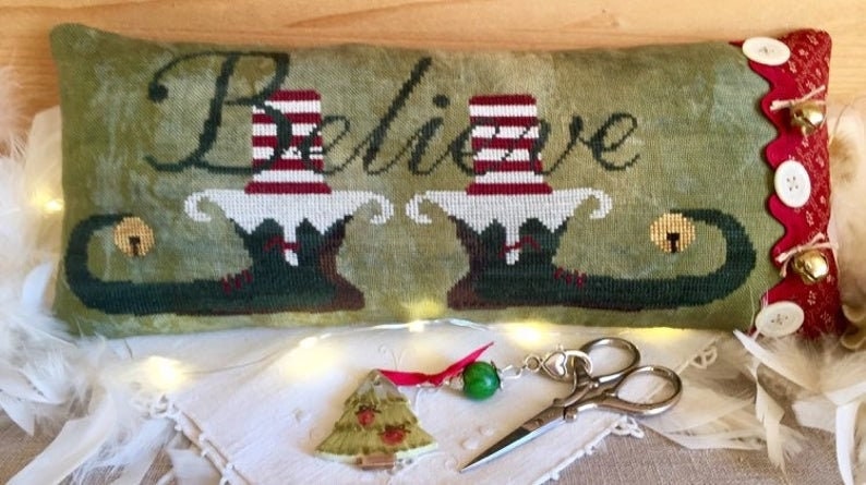 ROVARIS "Believe" Counted Cross Stitch Pattern plus Gold BELL is Included, Elf Shoes, Christmas, Winter, Believe
