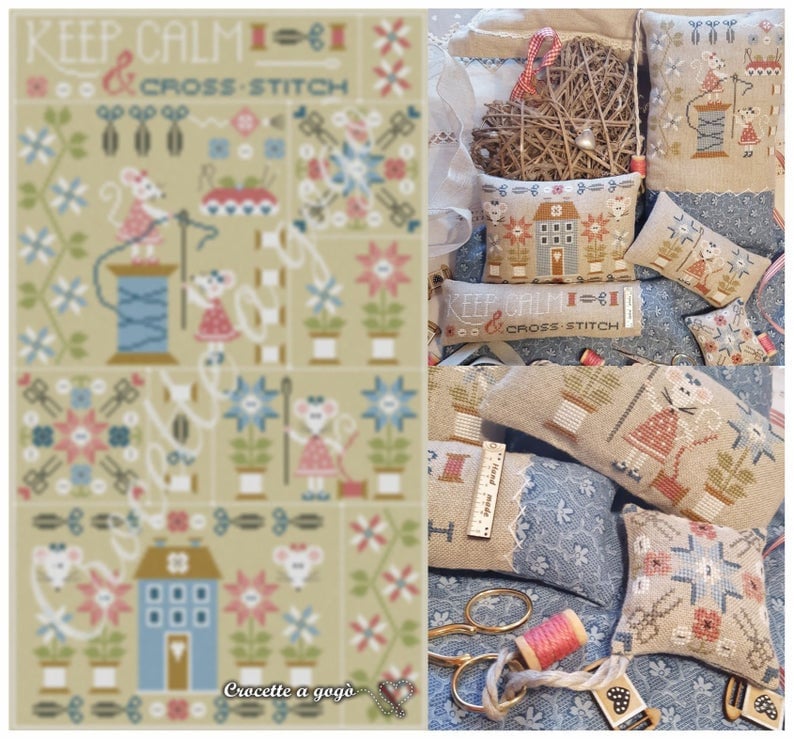 CROCETTE A GOGO "Keep Calm & Cross Stitch" Counted Cross Stitch Pattern, Mice, Scissors, Mouse House, Paper Pattern