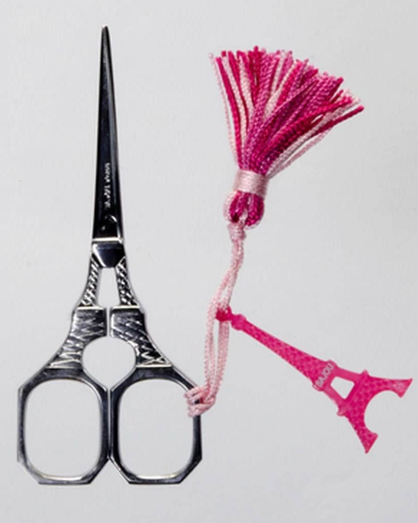 MAISON SAJOU SCISSORS  Eiffel Tower Scissors with Pink Tassel  Handmade in France  Size: 4"  Flowered Box  Kingsland Needle Art