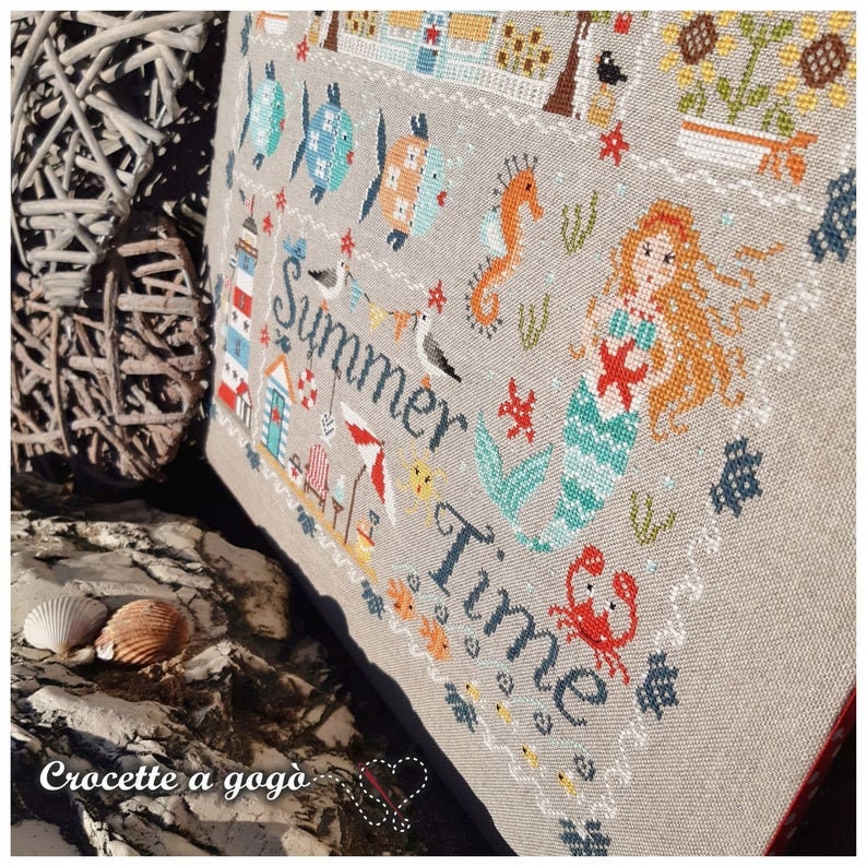 CROCETTE A GOGO "Summer Time" Counted Cross Stitch Pattern, Summer Mermaid, Crab, Seahorse, Sea Gulls, Fish, Kingsland Needle Art