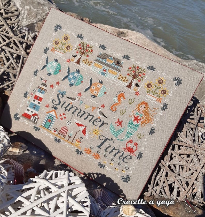 CROCETTE A GOGO "Summer Time" Counted Cross Stitch Pattern, Summer Mermaid, Crab, Seahorse, Sea Gulls, Fish, Kingsland Needle Art