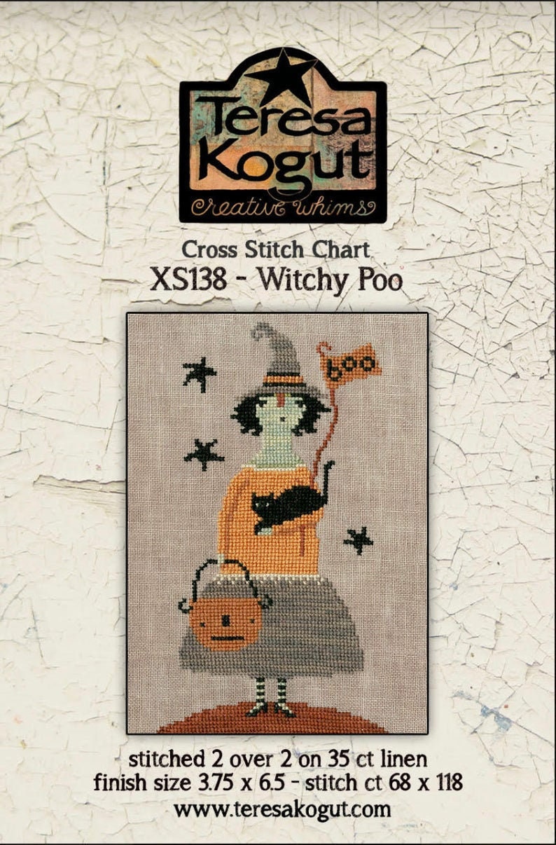 TERESA KOGUT Creative Whims "Witchy Poo"  Counted Cross Stitch Pattern  Halloween, Witch, Boo,, Black Cat, Pattern Only