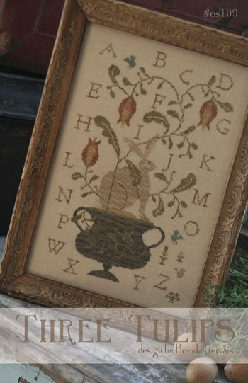 WITH THY NEEDLE & Thread "Three Tulips" Counted Cross Stitch Pattern, Spring Sampler, Easter, Alphabet, Bunny, Rabbit, Pattern Only